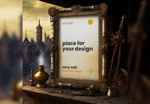 Poster Frame Mockup Steam Punk Style 06 Generative Ai