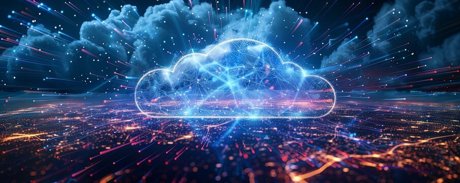 Generative AI image of cloud computing and digital data transfer with computing networked across cities country and globe with virtualization approach