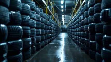 Modern Tire Warehouse: Rows of Stacked Tires in Industrial Storage Facility, Piles of Car Tires in Factory Storage Area. Industrial Waste Management, Recycling Practices, Synthetic Rubber Production