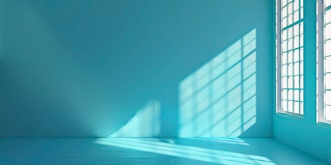 Fototapeta premium Blue Wall Background with Window and Window Shadow Copy Space, llustration for cover, card, postcard, interior design, banner, poster, brochure or presentation - AI Generated