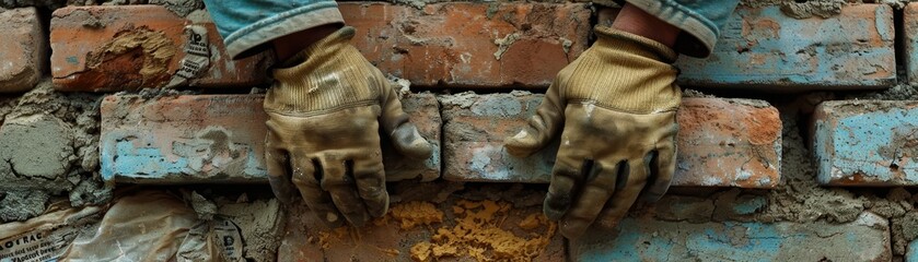 Gloved hands of a bricklayer laying a clay brick over fresh mortar or cement on brick wall under construction