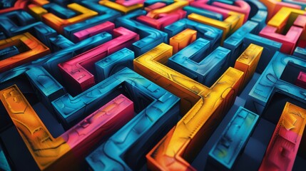 Close-up image of a 3D printed labyrinth with colorful neon tubes creating a complex maze pattern