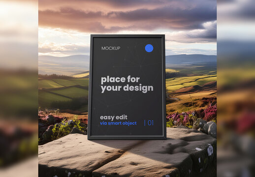 Poster Frame Mockup Stand on Rock with Nature Background 02 Generative Ai
