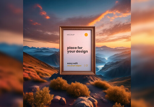 Poster Frame Mockup Stand on Rock with Nature Background 04 Generative Ai