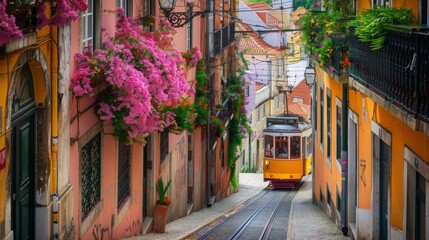Lisbon, Portugal - Yellow tram on a street with colorful houses and flowers on the balconies - Bica Elevator going down the hill of Chiado 