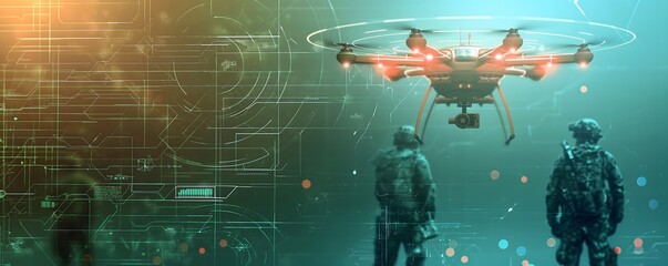 metallic drone equipped with AI technology hovering over a tactical map with highlighted targets, flanked by silhouettes of soldiers and digital overlays of military communications