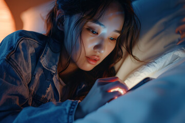 Naklejka premium In a close-up image, a woman clad in denim jeans sits indoors, her attention captivated by the glow of her smartphone screen. Bathed in the soft ambient light of the room