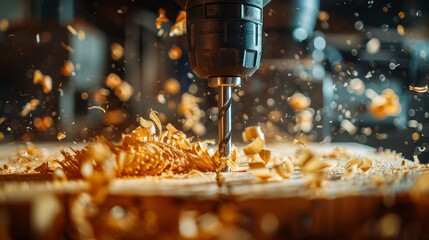 Drilling wood in workshop with electric drill
