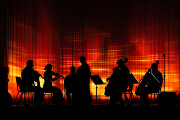In the warm, dimly lit ambiance of the stage, symphony musicians passionately perform. Their silhouettes against a clean background create an aura of elegance and focus