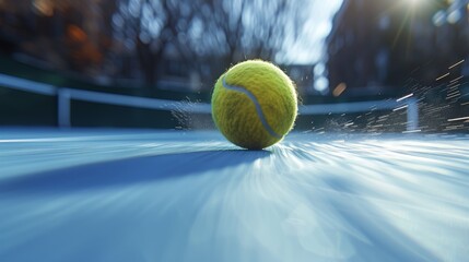 A dynamic image capturing a yellow tennis ball in motion with a strong blur effect indicating speed and action on a tennis court