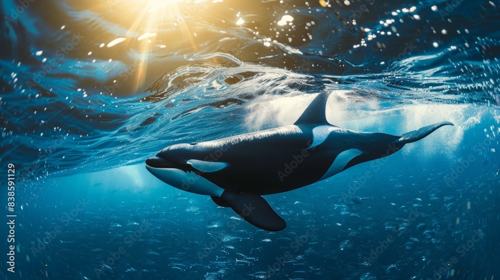 Wall mural Orca jumps out of the ocean. Orca whale emerges powerfully from the chilly waters, creating a dynamic interplay of movement and light. 