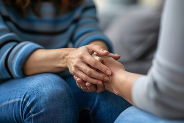 Supportive hands offer comfort to a depressed or stressed patient, showing empathy. A psychologist reassures them in a vibrant clinic setting