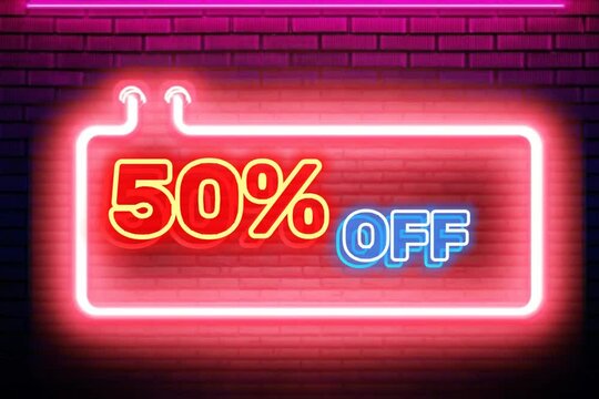 Neon sign on a red background with a 50% off sales symbol.