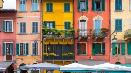 Fototapeta premium Traditional colorful building with balconies and shutter windows in typical italian street, tables and tent of street restaurant, Brescia city historical centre, Lombardy, Northern Italy 
