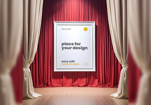 Poster Frame Mockup on stage Between Red Curtains Spot Illuminated 08 Generative Ai