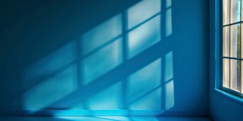Blue Wall Background with Window and Window Shadow Copy Space, llustration for cover, card, postcard, interior design, banner, poster, brochure or presentation - AI Generated