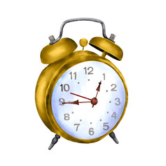Yellow round alarm clock isolated on a white background. The school alarm clock. The watercolor illustration is hand-drawn in Photoshop, imitating watercolor.
