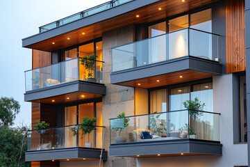 Balconies in modern apartment building.