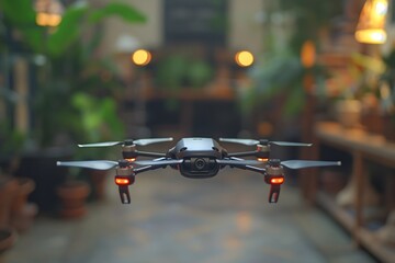 small modern video drone flying indoors, blurred background, drone shot