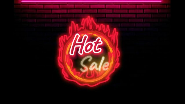Neon sign on a red background with a hot sale sales symbol