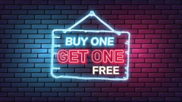 Neon sign on a red background with a buy one get one free sales symbol