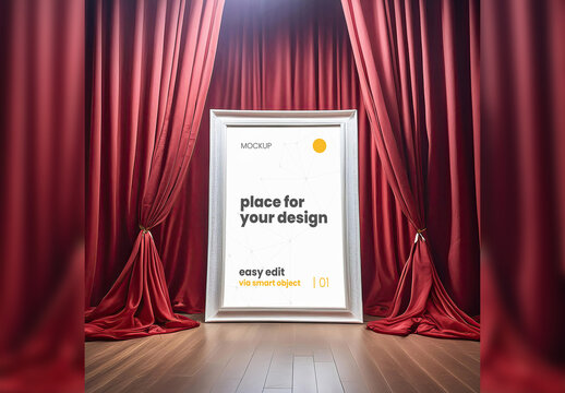 Poster Frame Mockup on stage Between Red Curtains Spot Illuminated 01 Generative Ai