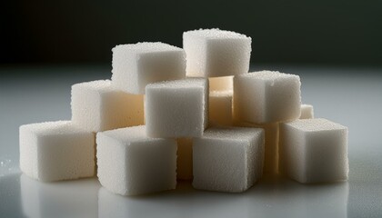 A pile of white sugar cubes on a white background