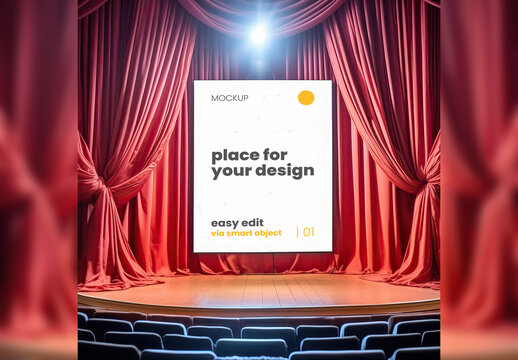 Poster Frame Mockup on stage Between Red Curtains Spot Illuminated 06 Generative Ai