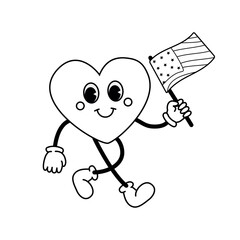 Vector groovy retro cartoon outline heart with USA flag isolated on white background