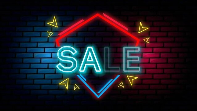 Neon sign on a red background with a sale sales symbol