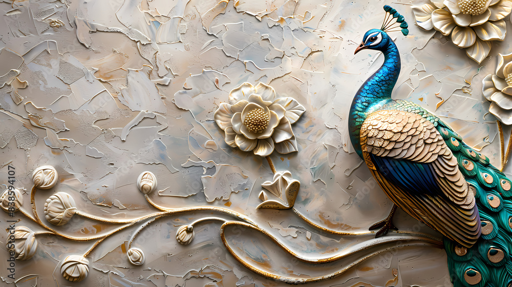 Wall mural volumetric peacock bird with golden elements against the background of a plaster wall.