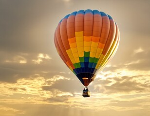 Obraz premium A rainbow-colored hot air balloon rises in a clear, cloudy sky