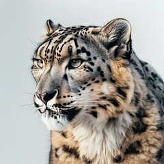 portrait photo of a snow leopard, hyper realistic, contrast lighting, on white background 