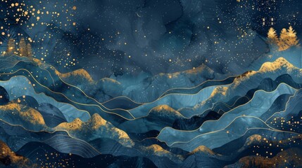 Generative AI-designed dark blue mural with golden waves mountains and a Christmas-themed forest