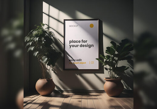 Poster Frame Mockup Low Light with Plants Generative Ai