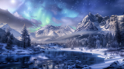 paysage enneigé avec des montagnes et aurores boréales	