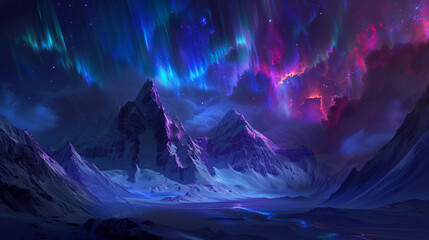 paysage enneigé avec des montagnes et aurores boréales	