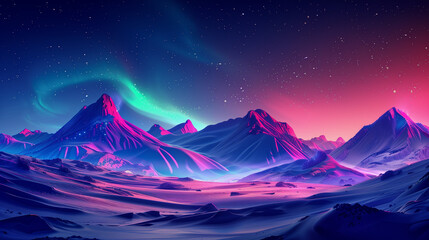 paysage enneigé avec des montagnes et aurores boréales	