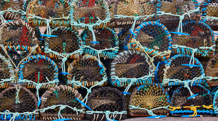 Stacks of colorful crab pots, Ireland