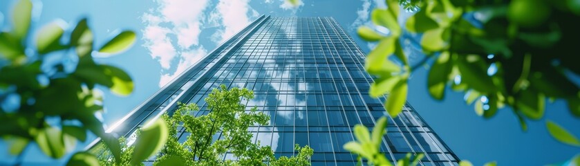 The modern office building skyscraper with greenery near
