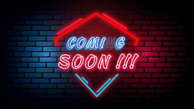 Neon sign on a red background with a coming soon sales symbol.