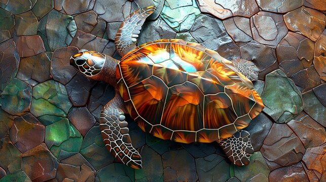 Abstract background with a close-up of a turtle's shell texture, focusing on the geometric, segmented patterns in earthy browns and greens. Flat color illustration, shiny, Minimal and Simple,