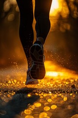 capturing the motion of a runners feet in sneakers, in the early morning sunlight 