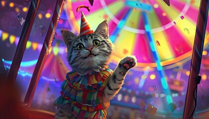 Colorful cat clown entertains kids at night market 🎪✨ Playful kitty in clown costume, juggling and making everyone laugh, bringing joy and fun to the lively market scene! 🐱🤹‍♀️🌙