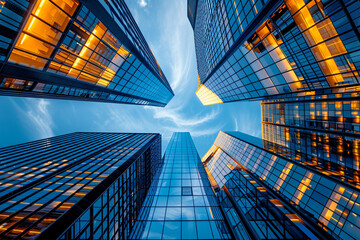 Highly detailed abstract wide angle view up towards the sky in the financial district and its ultra modern contemporary buildings with unique architecture.