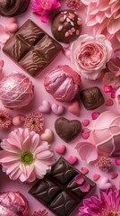 Fototapeta premium View of chocolate and love with pink background theme valentine copy space. World Chocolate Day. Various chocolates.