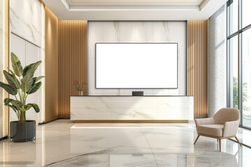 Modern clinic reception lobby interior featuring a blank white TV screen, marble counter, stylish chair, and plants, perfect for healthcare, business, and professional service concepts.