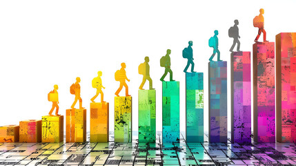 Silhouettes of students walking up a colorful bar graph, symbolizing educational progress and growth.