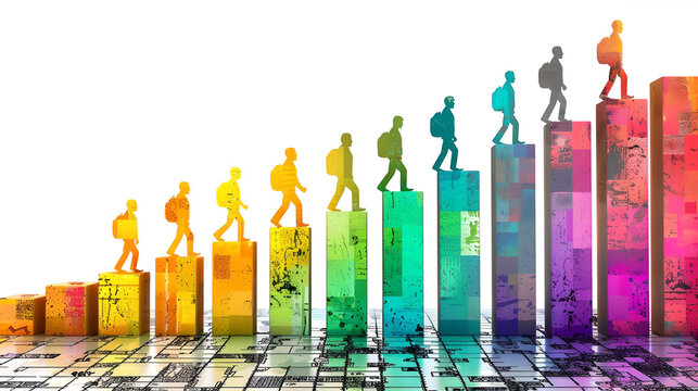 Silhouettes of students walking up a colorful bar graph, symbolizing educational progress and growth.