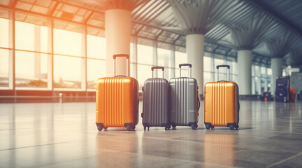 Naklejka premium luggage suitcases at the airport wide banner with copy space area for vacations and holiday travel concepts